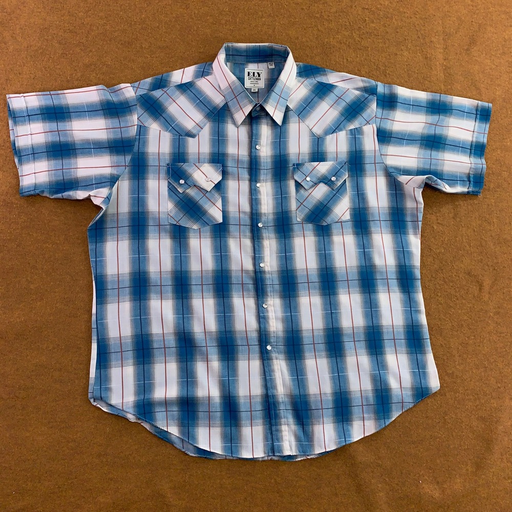 Ely Cattleman Mens XXL Blue Plaid Pearl Snap Western Short Sleeve Shirt